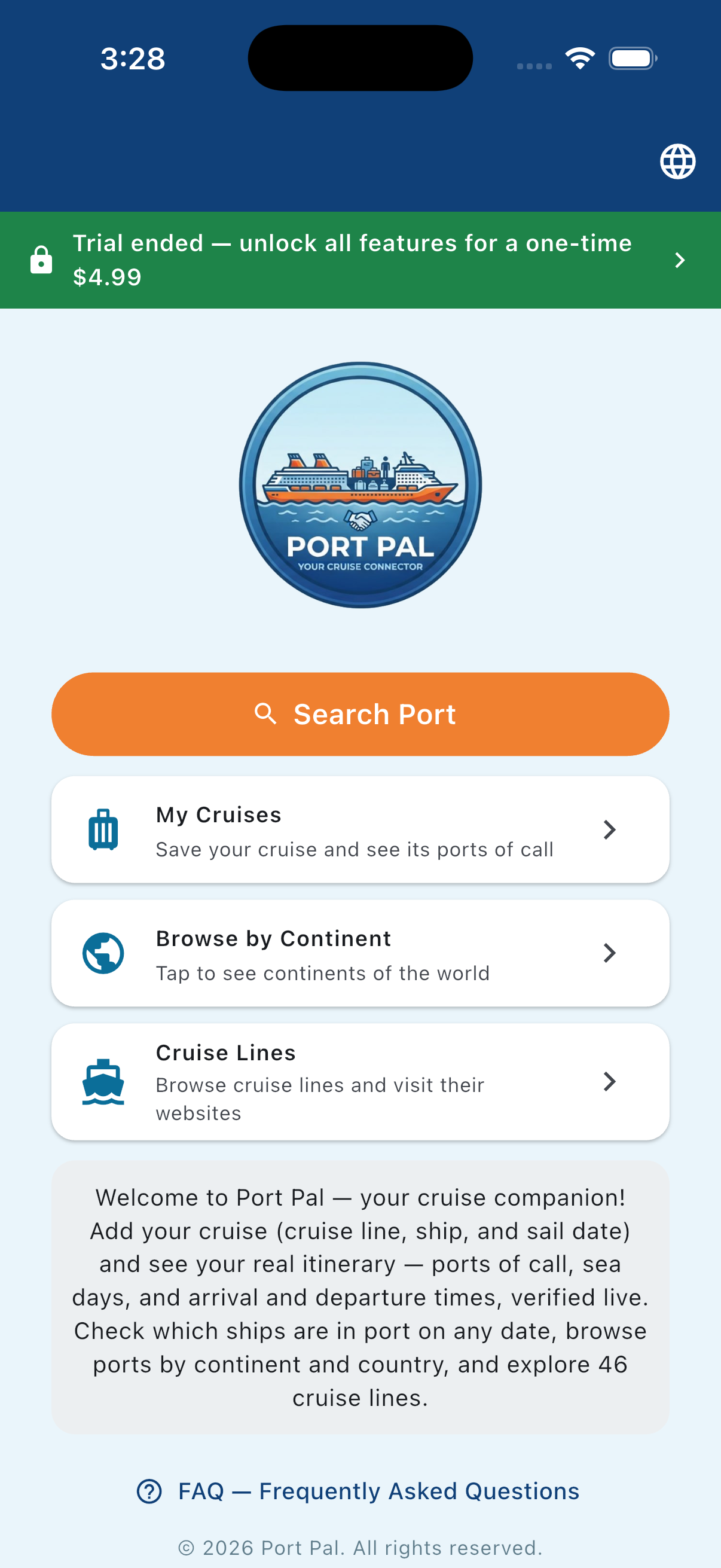 Home screen with universal search across ports, ships and lines