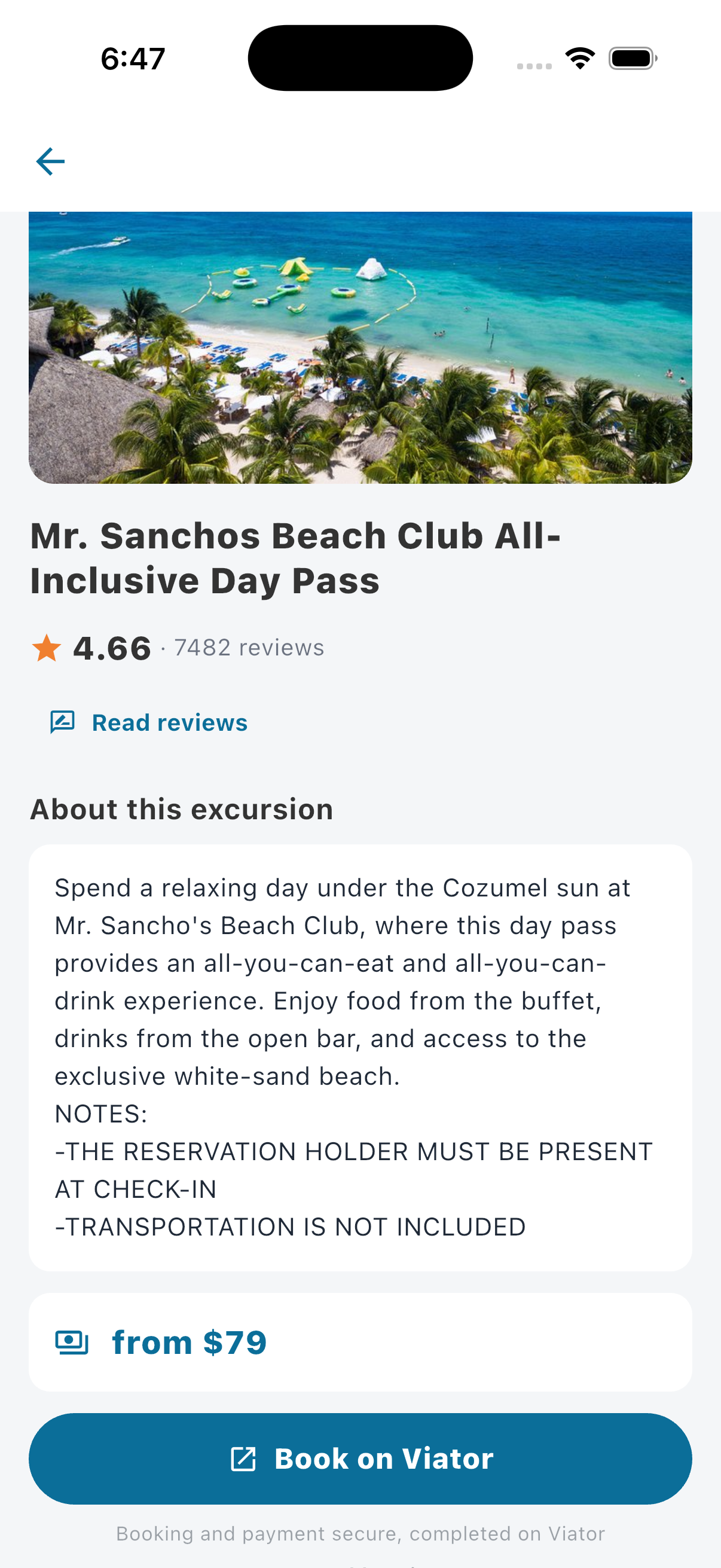 Full excursion details screen