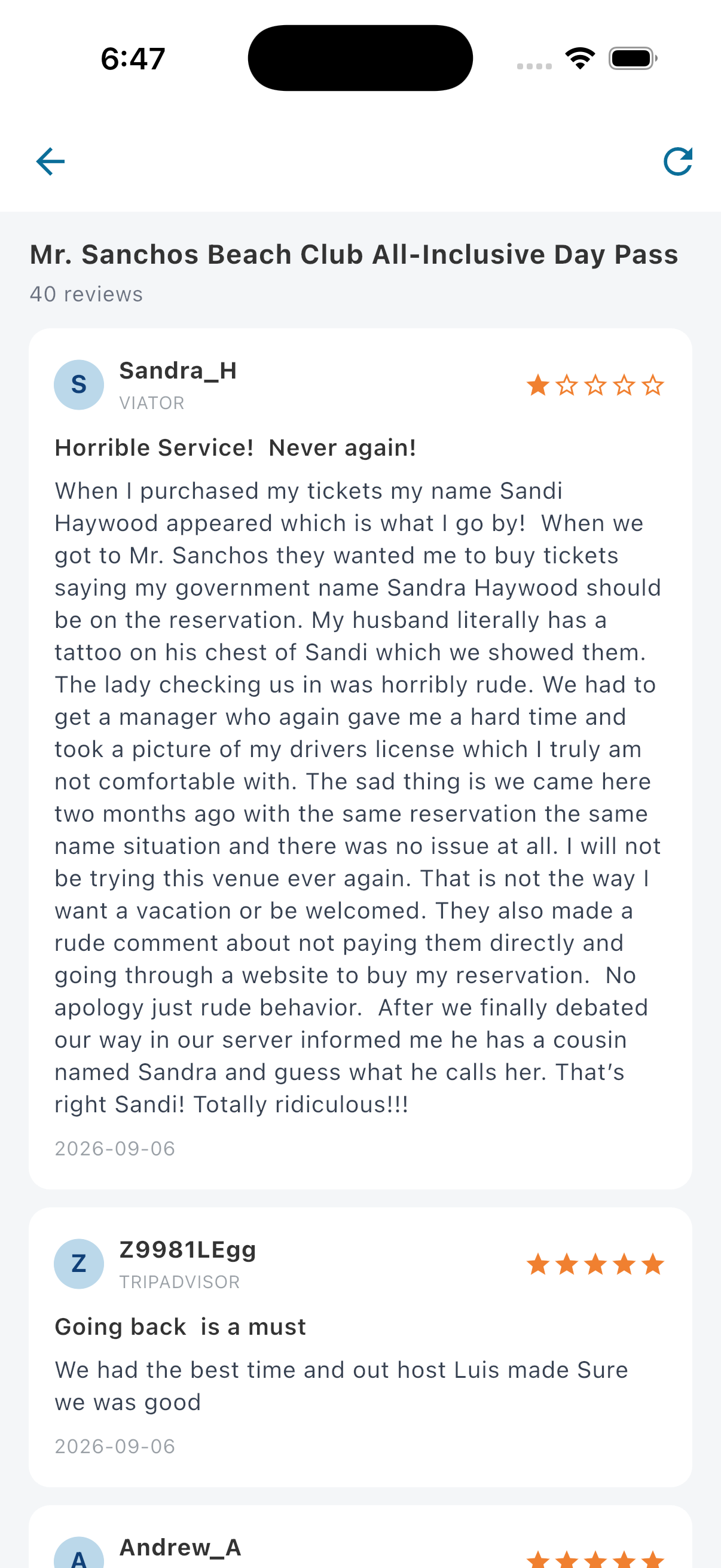 Excursion reviews screen