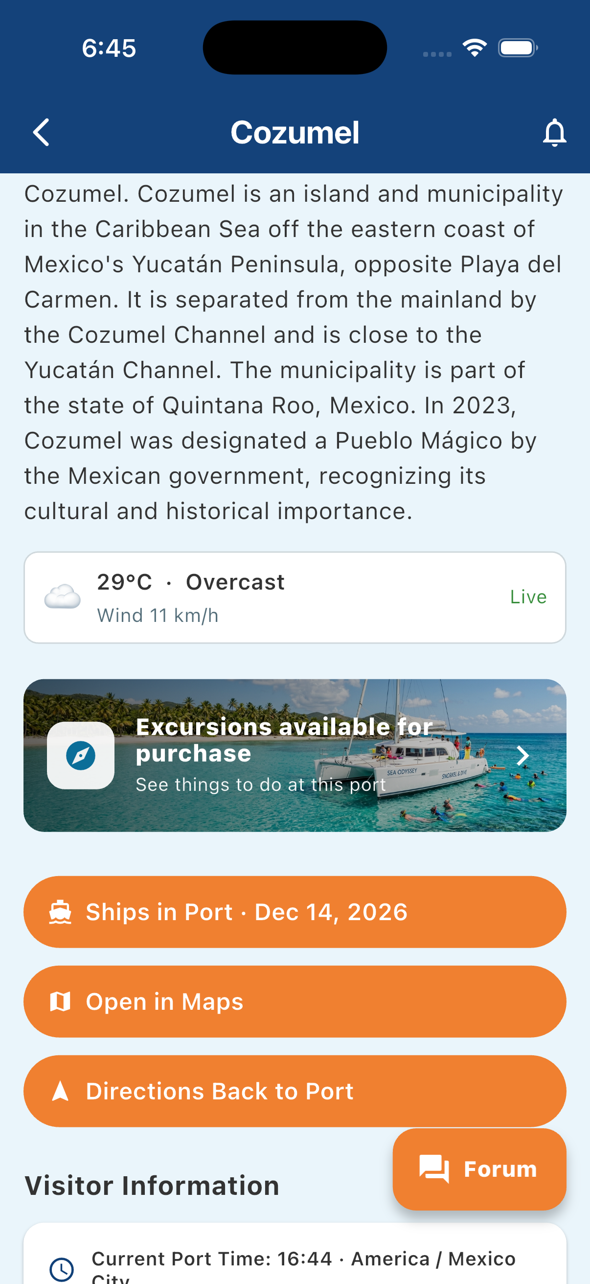 Port page with an excursion section to browse shore excursions